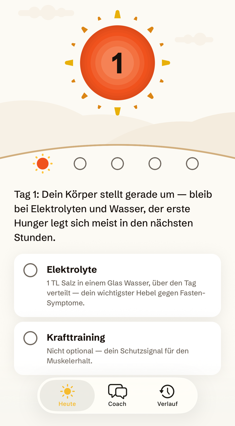 Heute-Screen der Solfasta-App: Tag 1 von 5 mit der Tagessonne, dem Morgen-Briefing und den Aufgaben Elektrolyte und Krafttraining.